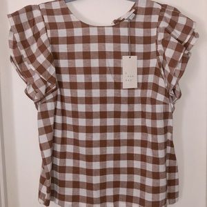 NWT A New Day, Target, Brown & White Gingham Plaid Checkered Linen Blouse, Sz S